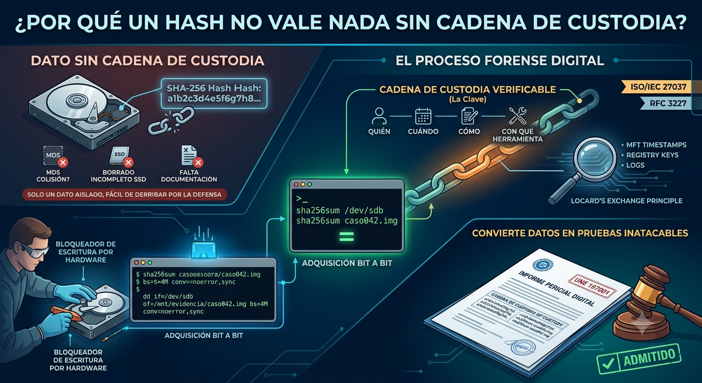 Imagen destacada del artículo Cadena de custodia en análisis forense digital: por qué un hash no basta